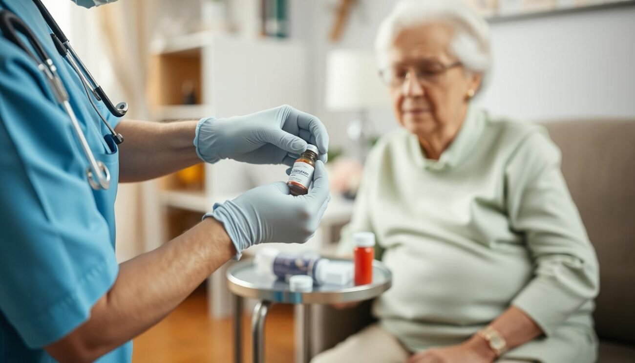 Complex care nurse administering medication to patient at home Complex care nurse administering medication to patient at home